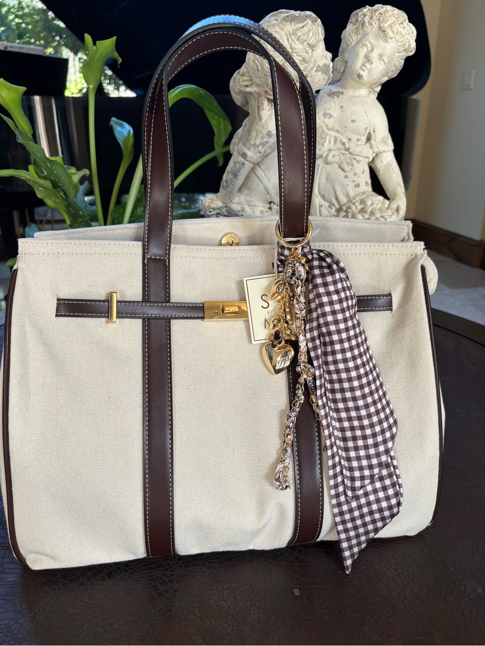 Canvas Tote Bag with Brown Leather Trim - Beige Boatkin travel bag birkin vacay